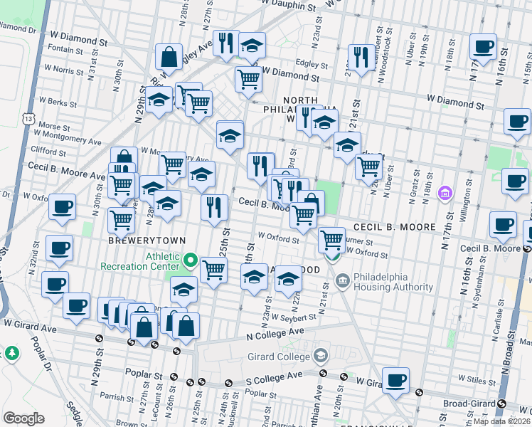 map of restaurants, bars, coffee shops, grocery stores, and more near 2331 Cecil B. Moore Avenue in Philadelphia
