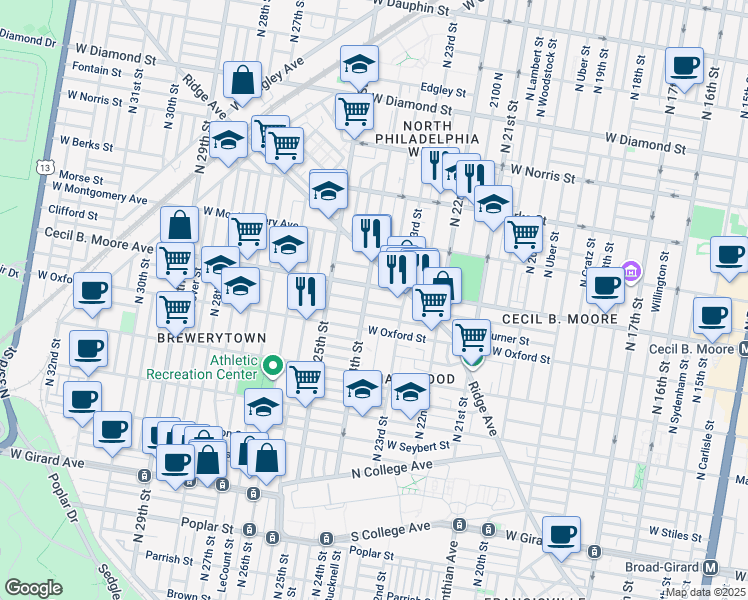 map of restaurants, bars, coffee shops, grocery stores, and more near 2331 Cecil B. Moore Avenue in Philadelphia