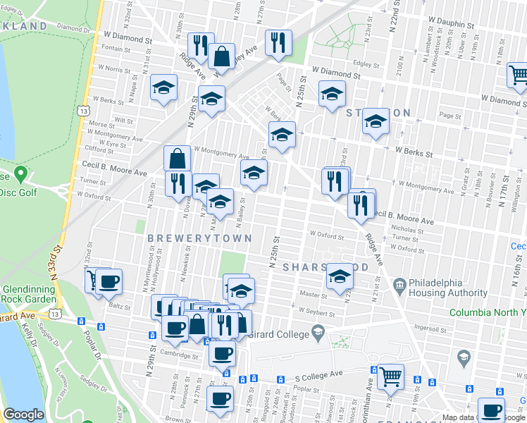 map of restaurants, bars, coffee shops, grocery stores, and more near 2519 Cecil B. Moore Avenue in Philadelphia