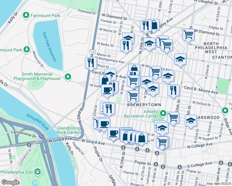 map of restaurants, bars, coffee shops, grocery stores, and more near 3017 West Oxford Street in Philadelphia