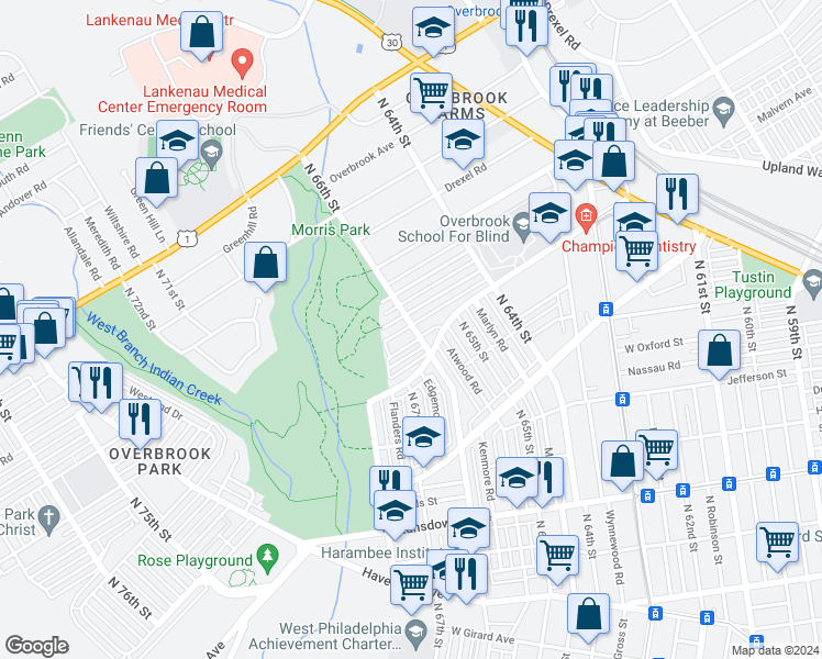 map of restaurants, bars, coffee shops, grocery stores, and more near 6600 Woodcrest Avenue in Philadelphia
