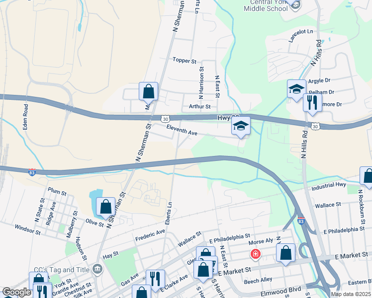 map of restaurants, bars, coffee shops, grocery stores, and more near 1201 Eberts Lane in York