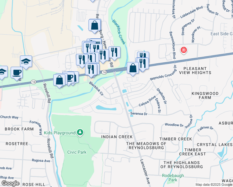 map of restaurants, bars, coffee shops, grocery stores, and more near 111 Reynoldsburg - New Albany Road in Reynoldsburg