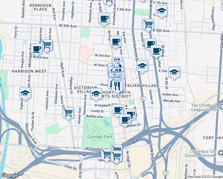 map of restaurants, bars, coffee shops, grocery stores, and more near 40 Price Avenue in Columbus