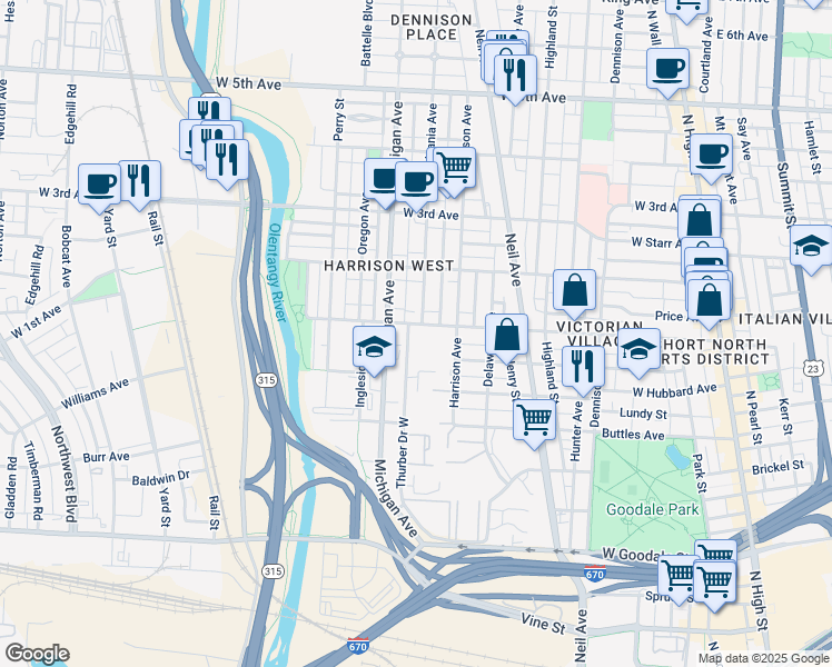 map of restaurants, bars, coffee shops, grocery stores, and more near 977 Pennsylvania Avenue in Columbus