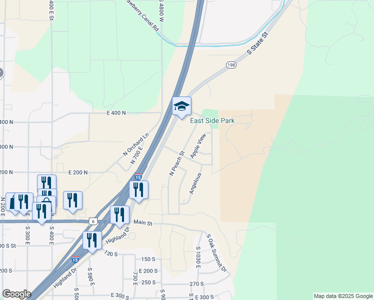 map of restaurants, bars, coffee shops, grocery stores, and more near 288 North Peach Street in Santaquin