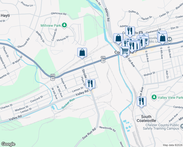 map of restaurants, bars, coffee shops, grocery stores, and more near 18 South Church Street in Coatesville