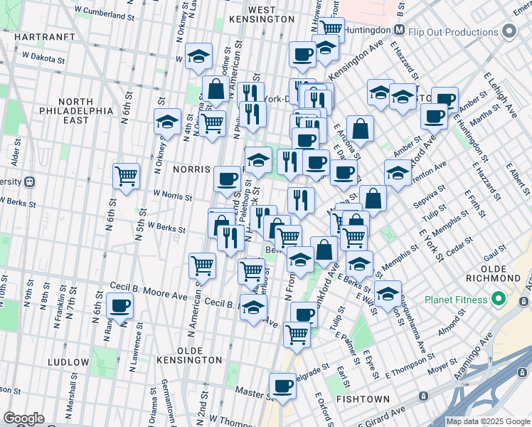 map of restaurants, bars, coffee shops, grocery stores, and more near 150 West Norris Street in Philadelphia