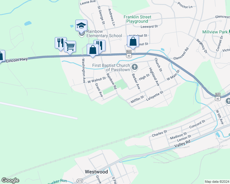 map of restaurants, bars, coffee shops, grocery stores, and more near 330 Woodland Street in Coatesville