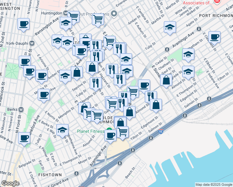 map of restaurants, bars, coffee shops, grocery stores, and more near 2364 East Harold Street in Philadelphia