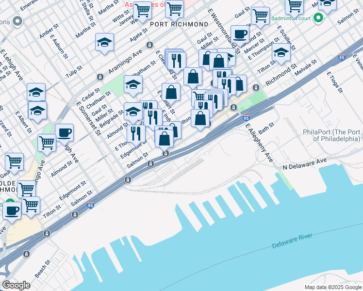 map of restaurants, bars, coffee shops, grocery stores, and more near 2985 Richmond Street in Philadelphia