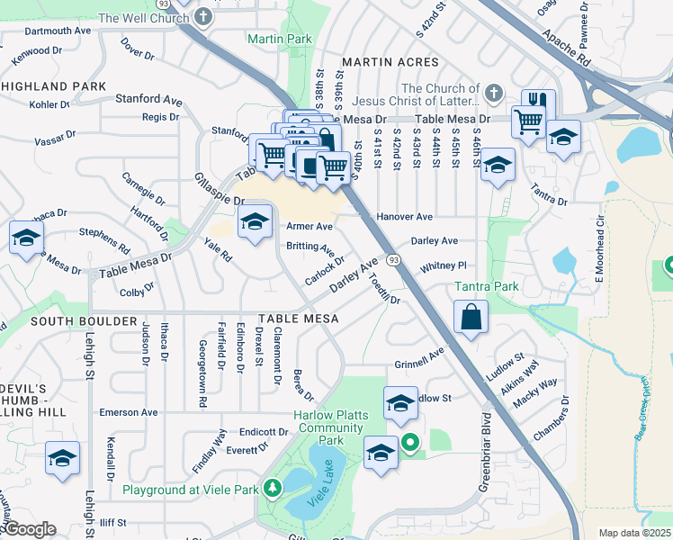 map of restaurants, bars, coffee shops, grocery stores, and more near 3900 Britting Avenue in Boulder