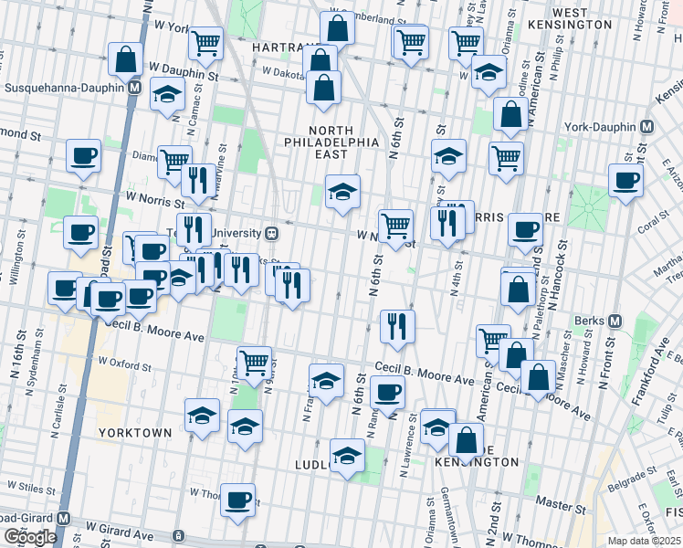 map of restaurants, bars, coffee shops, grocery stores, and more near 1900 North 7th Street in Philadelphia