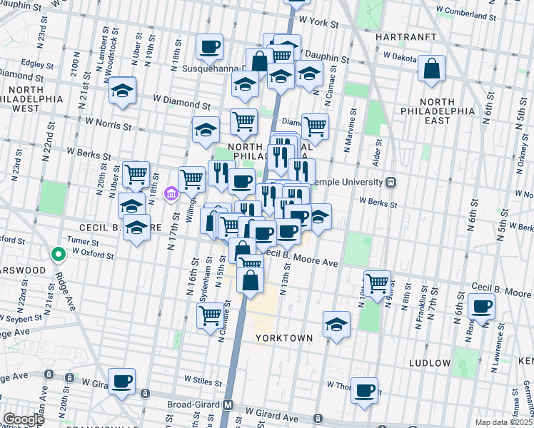map of restaurants, bars, coffee shops, grocery stores, and more near 1801 North Broad Street in Philadelphia