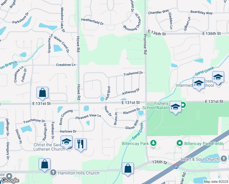 map of restaurants, bars, coffee shops, grocery stores, and more near 13210 Westwood Lane in Fishers