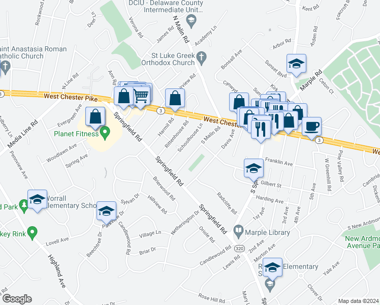 map of restaurants, bars, coffee shops, grocery stores, and more near 40 South Malin Road in Broomall