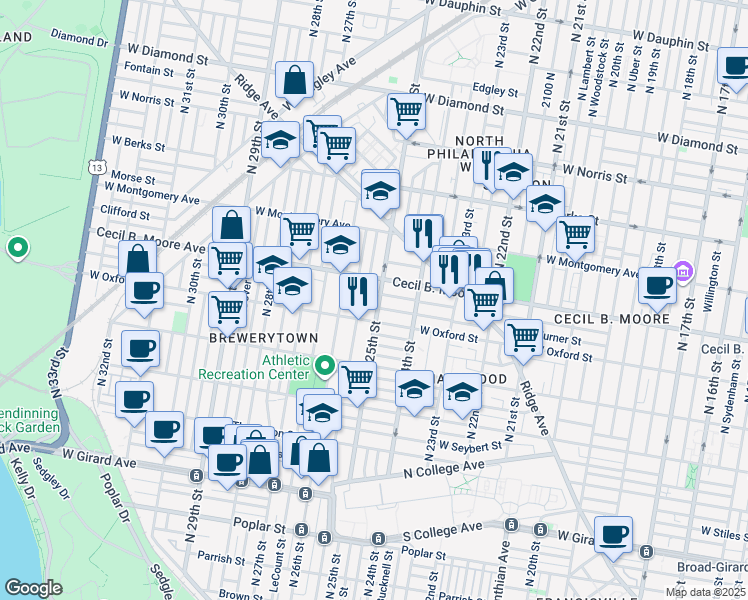 map of restaurants, bars, coffee shops, grocery stores, and more near 1624 North 25th Street in Philadelphia