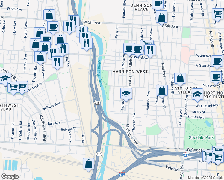 map of restaurants, bars, coffee shops, grocery stores, and more near 565 West 1st Avenue in Columbus