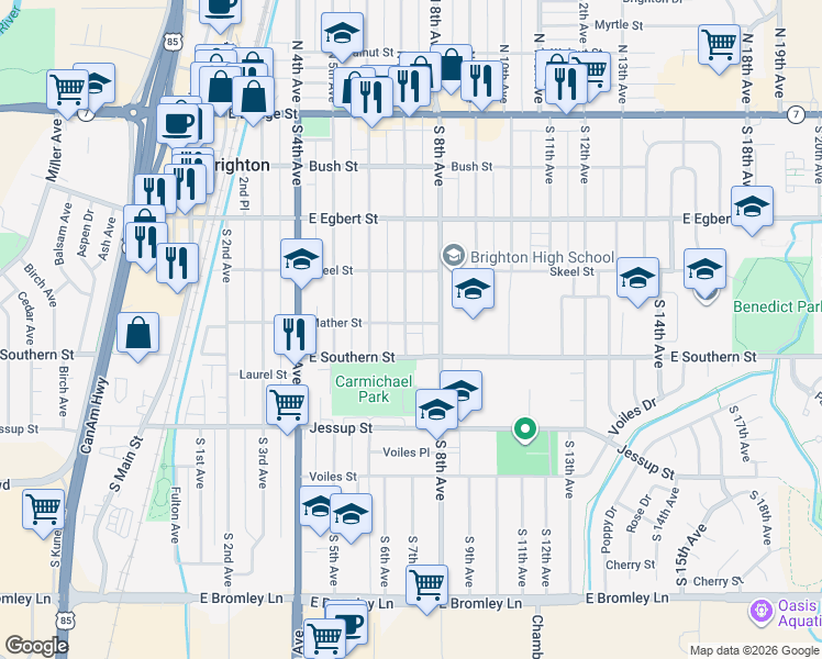 map of restaurants, bars, coffee shops, grocery stores, and more near 357 South 7th Avenue in Brighton