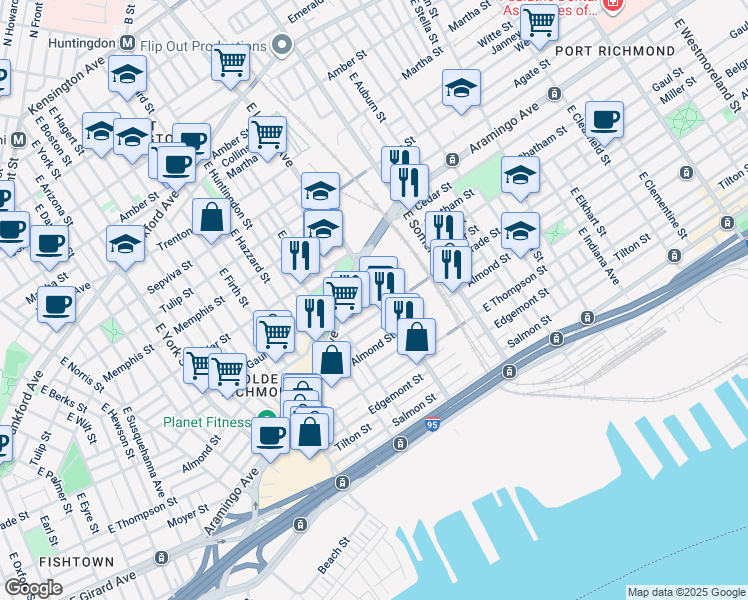 map of restaurants, bars, coffee shops, grocery stores, and more near 2516 East Lehigh Avenue in Philadelphia