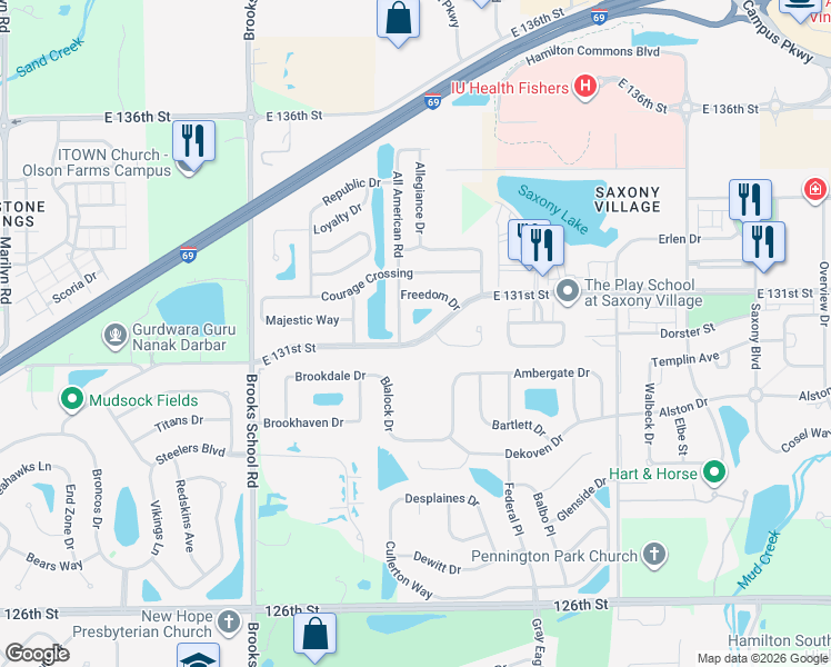 map of restaurants, bars, coffee shops, grocery stores, and more near 13181 All American Road in Fishers