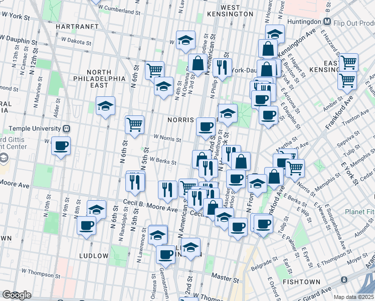 map of restaurants, bars, coffee shops, grocery stores, and more near 263-73 West Norris Street in Philadelphia