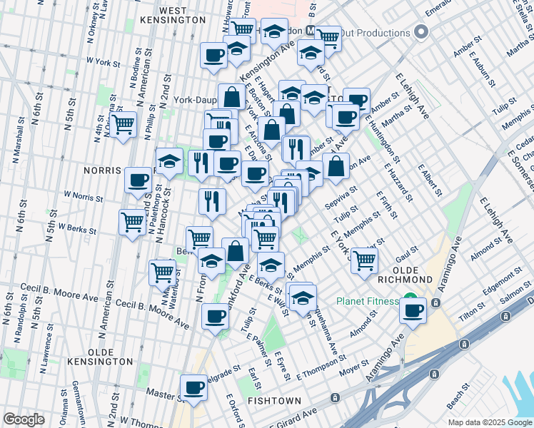 map of restaurants, bars, coffee shops, grocery stores, and more near 2111 East Susquehanna Avenue in Philadelphia