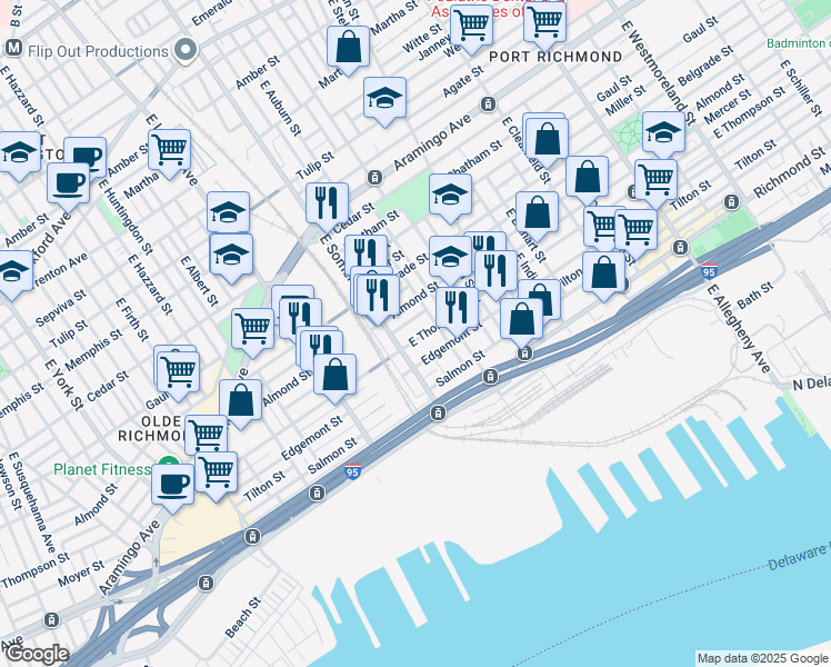 map of restaurants, bars, coffee shops, grocery stores, and more near 2820 East Thompson Street in Philadelphia