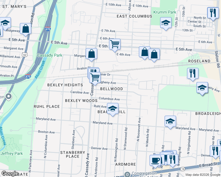 map of restaurants, bars, coffee shops, grocery stores, and more near 2746 Bellwood Avenue in Columbus
