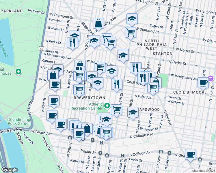 map of restaurants, bars, coffee shops, grocery stores, and more near 1619 North Bailey Street in Philadelphia