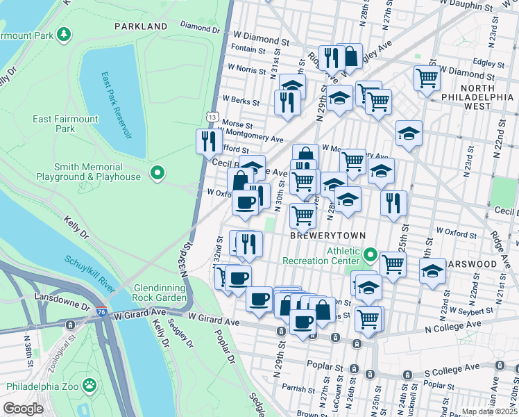 map of restaurants, bars, coffee shops, grocery stores, and more near 3037 Redner Street in Philadelphia