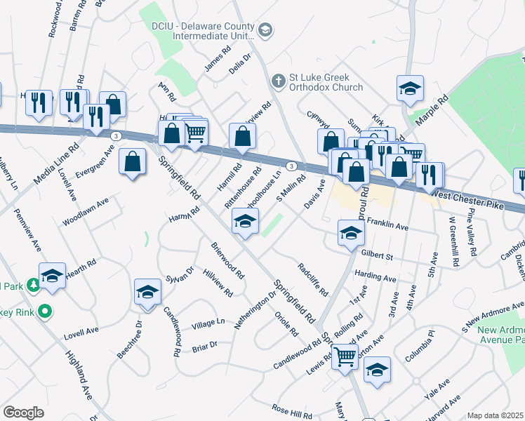 map of restaurants, bars, coffee shops, grocery stores, and more near 40 South Malin Road in Broomall