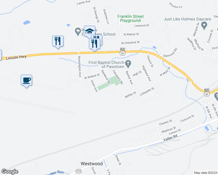 map of restaurants, bars, coffee shops, grocery stores, and more near 330 Woodland Street in Coatesville