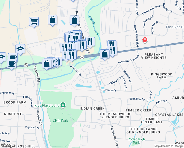 map of restaurants, bars, coffee shops, grocery stores, and more near 111 Reynoldsburg - New Albany Road in Reynoldsburg
