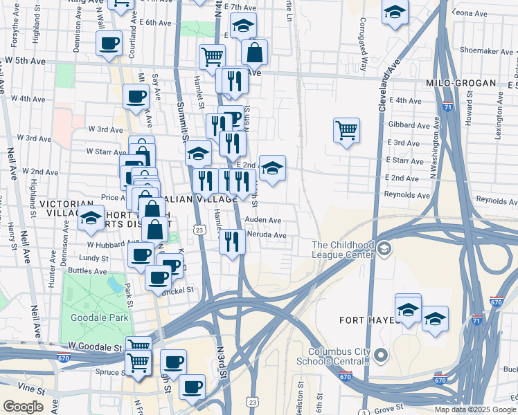 map of restaurants, bars, coffee shops, grocery stores, and more near 283 East 1st Avenue in Columbus