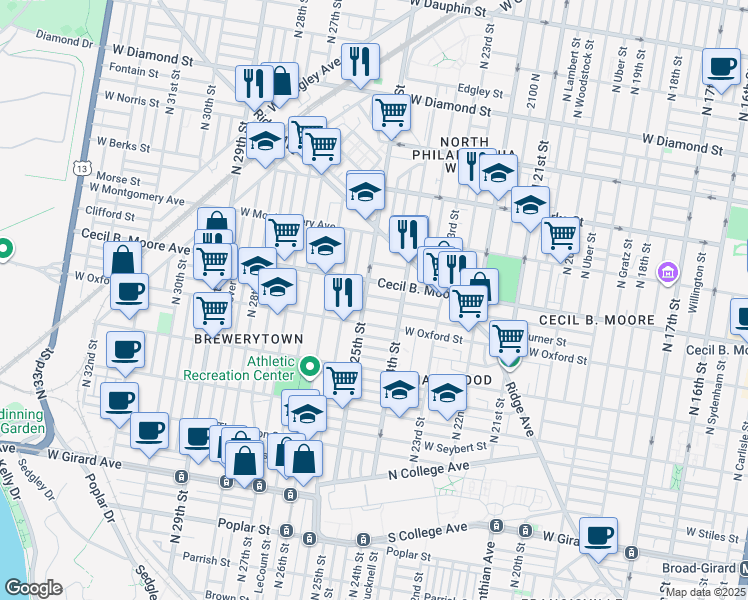 map of restaurants, bars, coffee shops, grocery stores, and more near 2447 Cecil B. Moore Avenue in Philadelphia