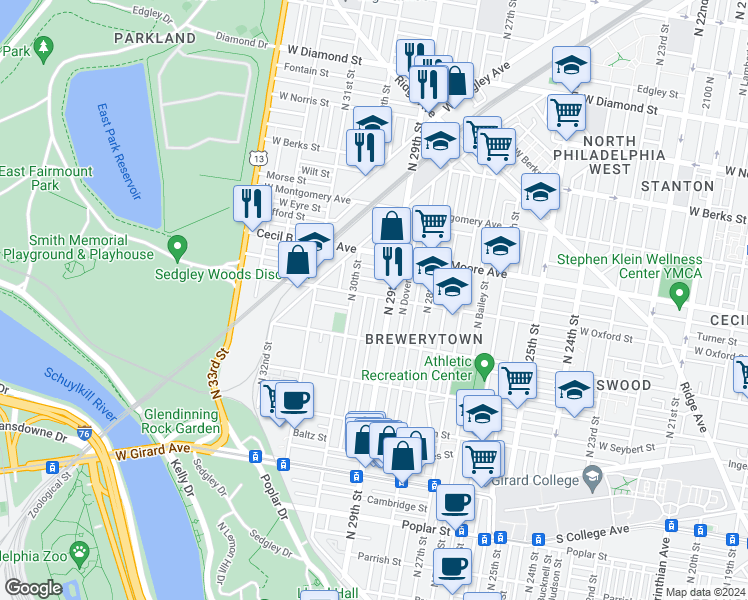 map of restaurants, bars, coffee shops, grocery stores, and more near 2914 West Oxford Street in Philadelphia