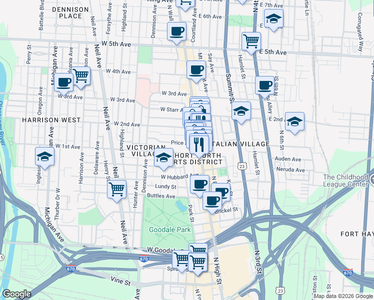 map of restaurants, bars, coffee shops, grocery stores, and more near 30 West 1st Avenue in Columbus