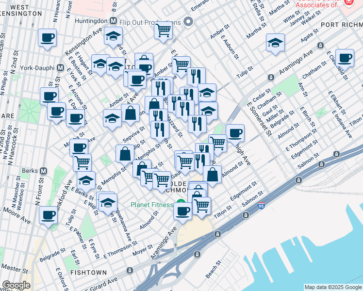 map of restaurants, bars, coffee shops, grocery stores, and more near 2357 East Sergeant Street in Philadelphia