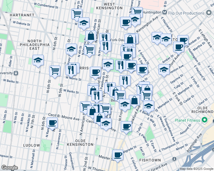 map of restaurants, bars, coffee shops, grocery stores, and more near 170 West Norris Street in Philadelphia