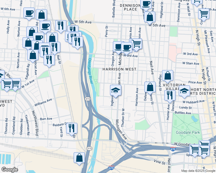 map of restaurants, bars, coffee shops, grocery stores, and more near 990 Perry Street in Columbus