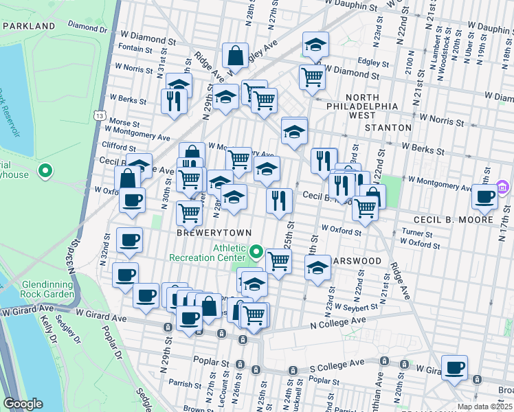 map of restaurants, bars, coffee shops, grocery stores, and more near 1619 North Bailey Street in Philadelphia