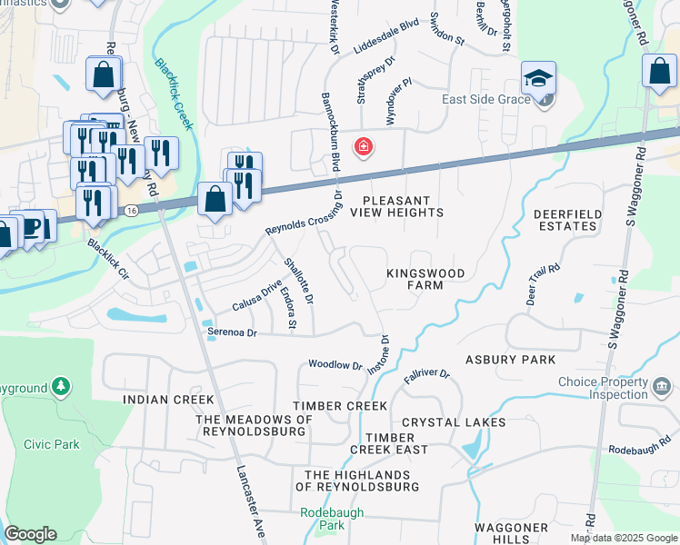 map of restaurants, bars, coffee shops, grocery stores, and more near 172 Sandrala Drive in Reynoldsburg