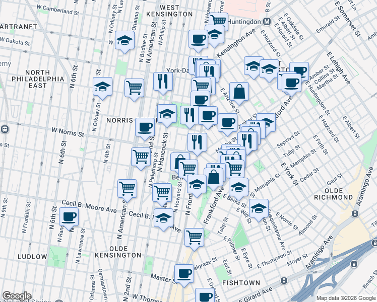 map of restaurants, bars, coffee shops, grocery stores, and more near 111 West Norris Street in Philadelphia