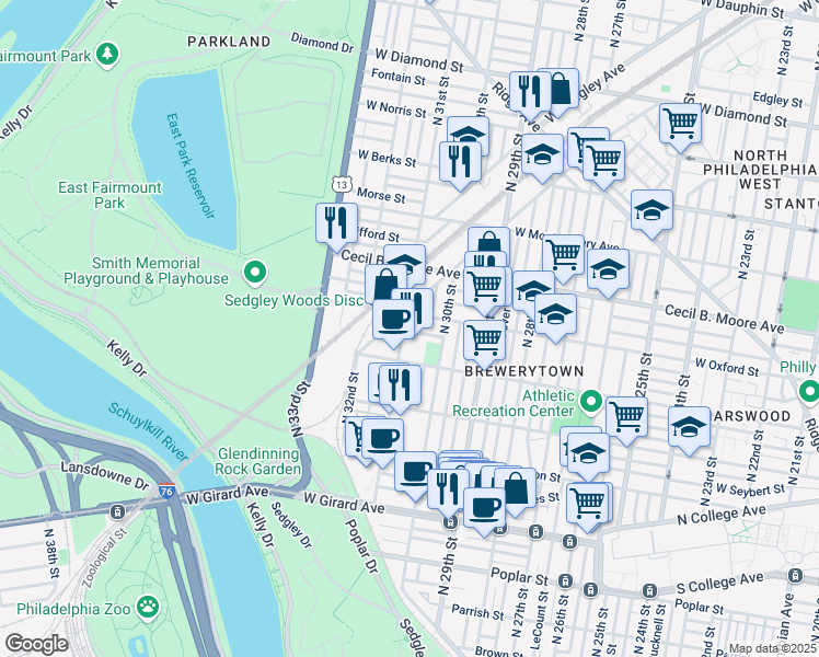 map of restaurants, bars, coffee shops, grocery stores, and more near 3049 Redner Street in Philadelphia