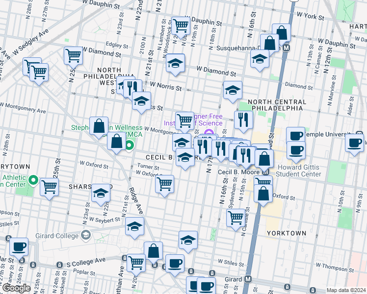 map of restaurants, bars, coffee shops, grocery stores, and more near 1718 North Gratz Street in Philadelphia