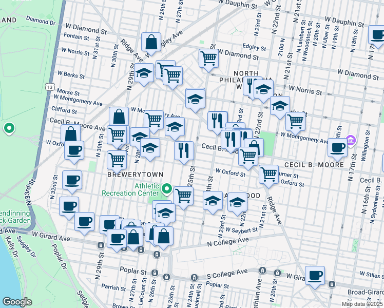 map of restaurants, bars, coffee shops, grocery stores, and more near 1626 North 25th Street in Philadelphia