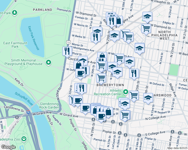 map of restaurants, bars, coffee shops, grocery stores, and more near 2932 West Oxford Street in Philadelphia
