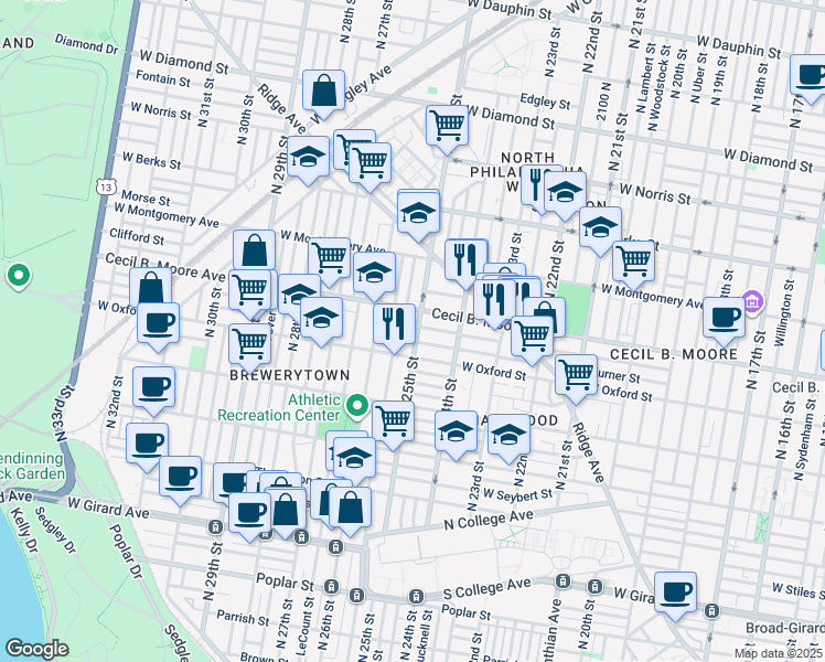 map of restaurants, bars, coffee shops, grocery stores, and more near 1624 North 25th Street in Philadelphia