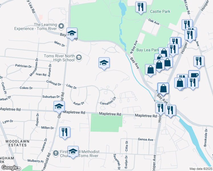 map of restaurants, bars, coffee shops, grocery stores, and more near 1245 Old Freehold Road in Toms River